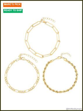 14K Gold-Plated Bracelet Set Paperclip Rope Figaro Chains